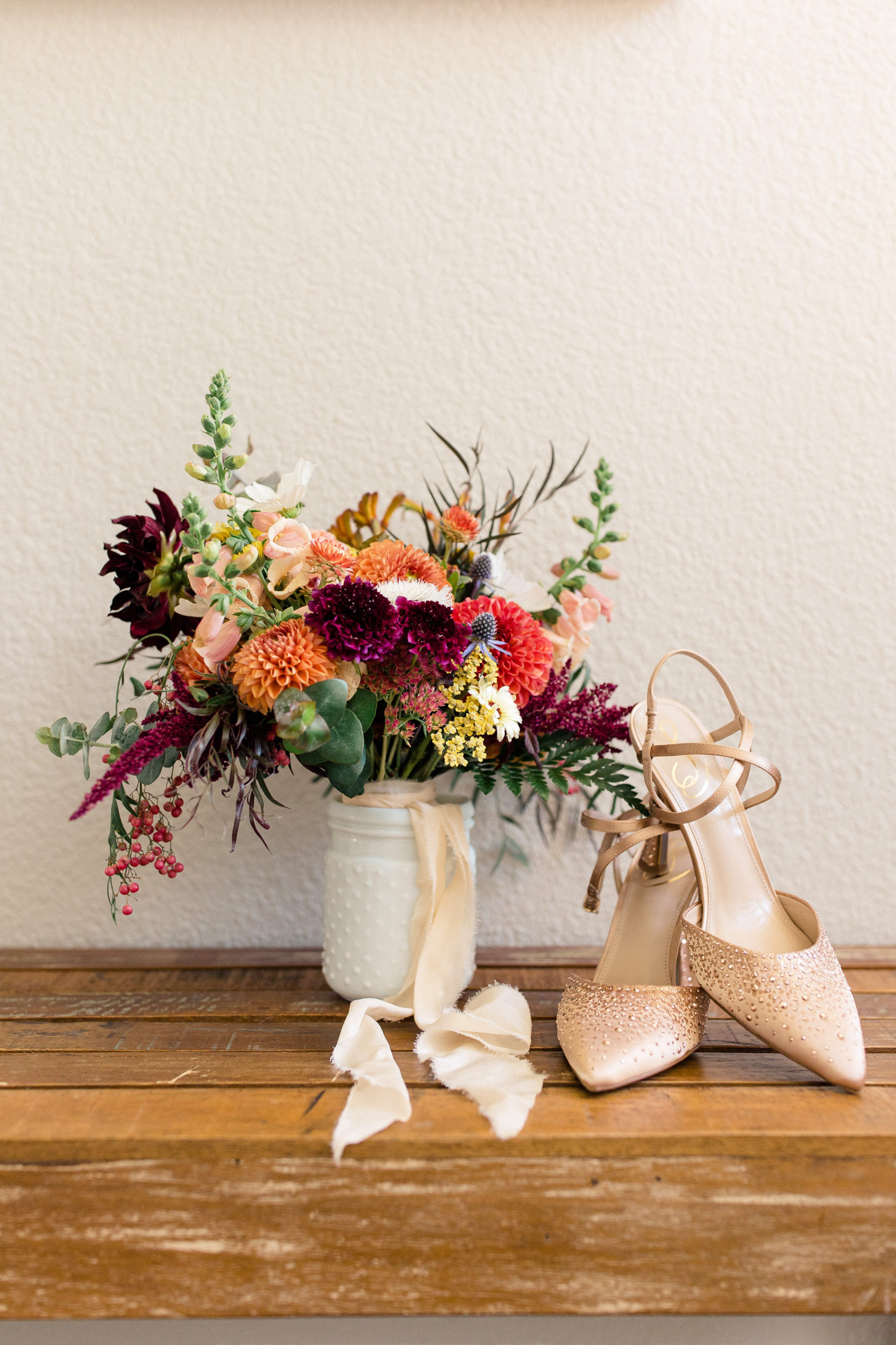 Details of shoes and bouquet for Fort Collins wedding