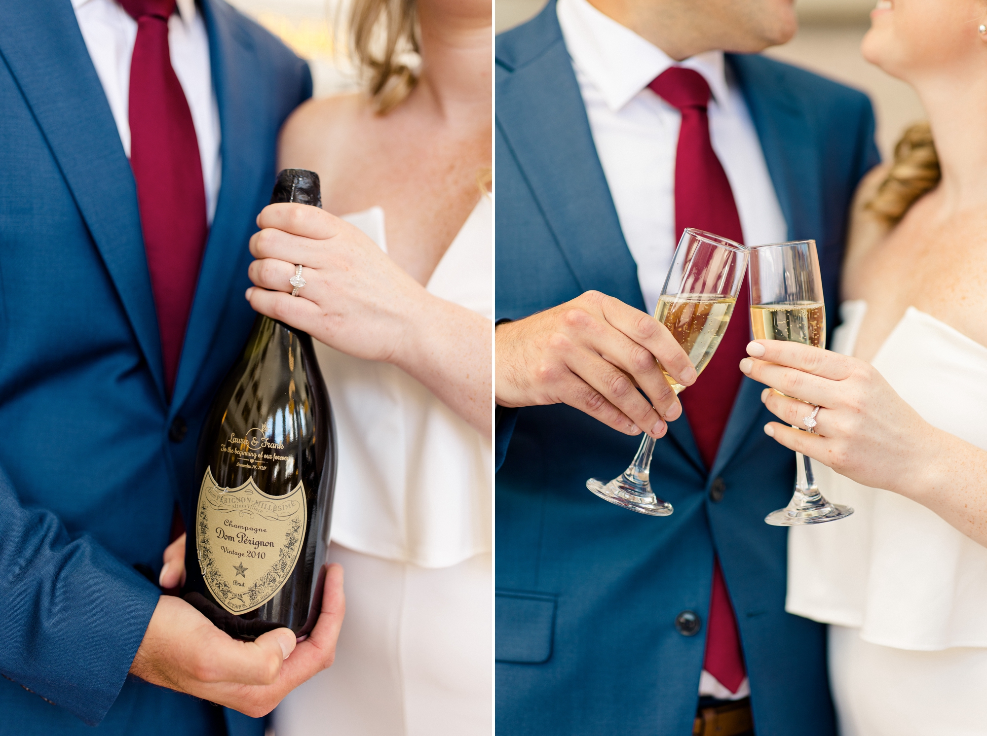 Couple holding bottle and glasses of champagne for engagement photos in downtown Denver