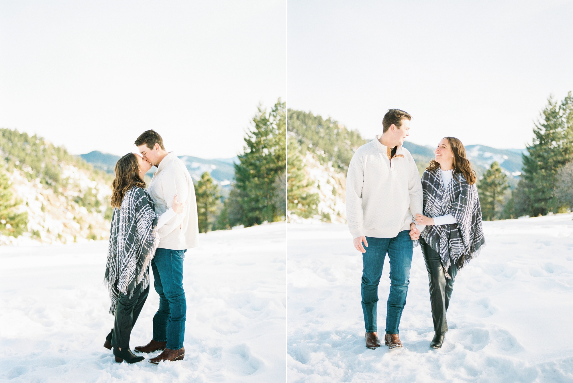 Film engagement photos of a couple in a snowy mountain location