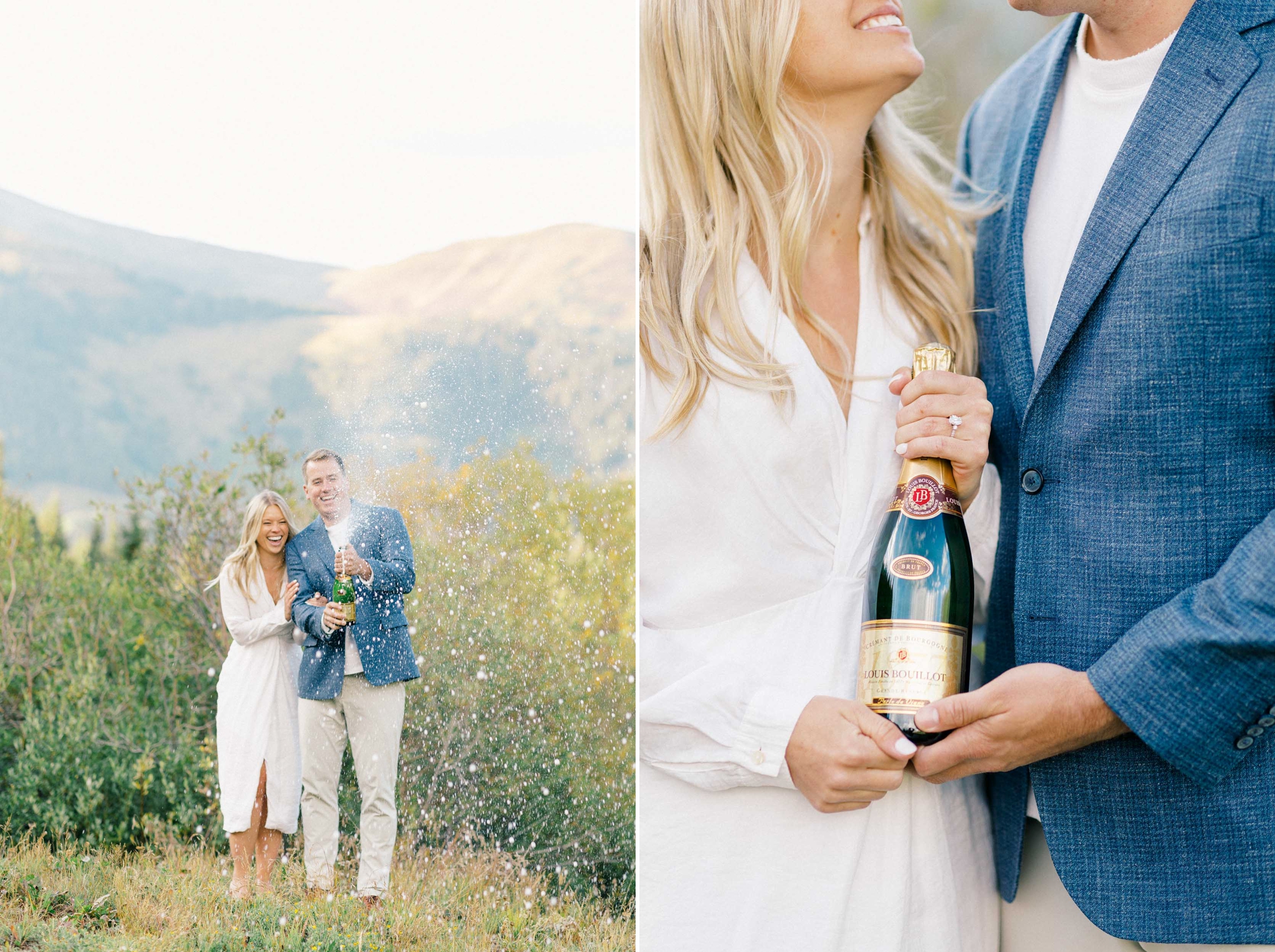 Engagement photos of couple holding champagne bottle, then opening and spraying the champagne in the Colorado mountains.