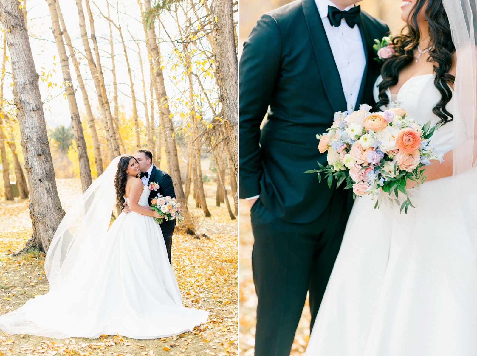 Vibrant Fall light and airy photos of a wedding couple at the Black Canyon Inn